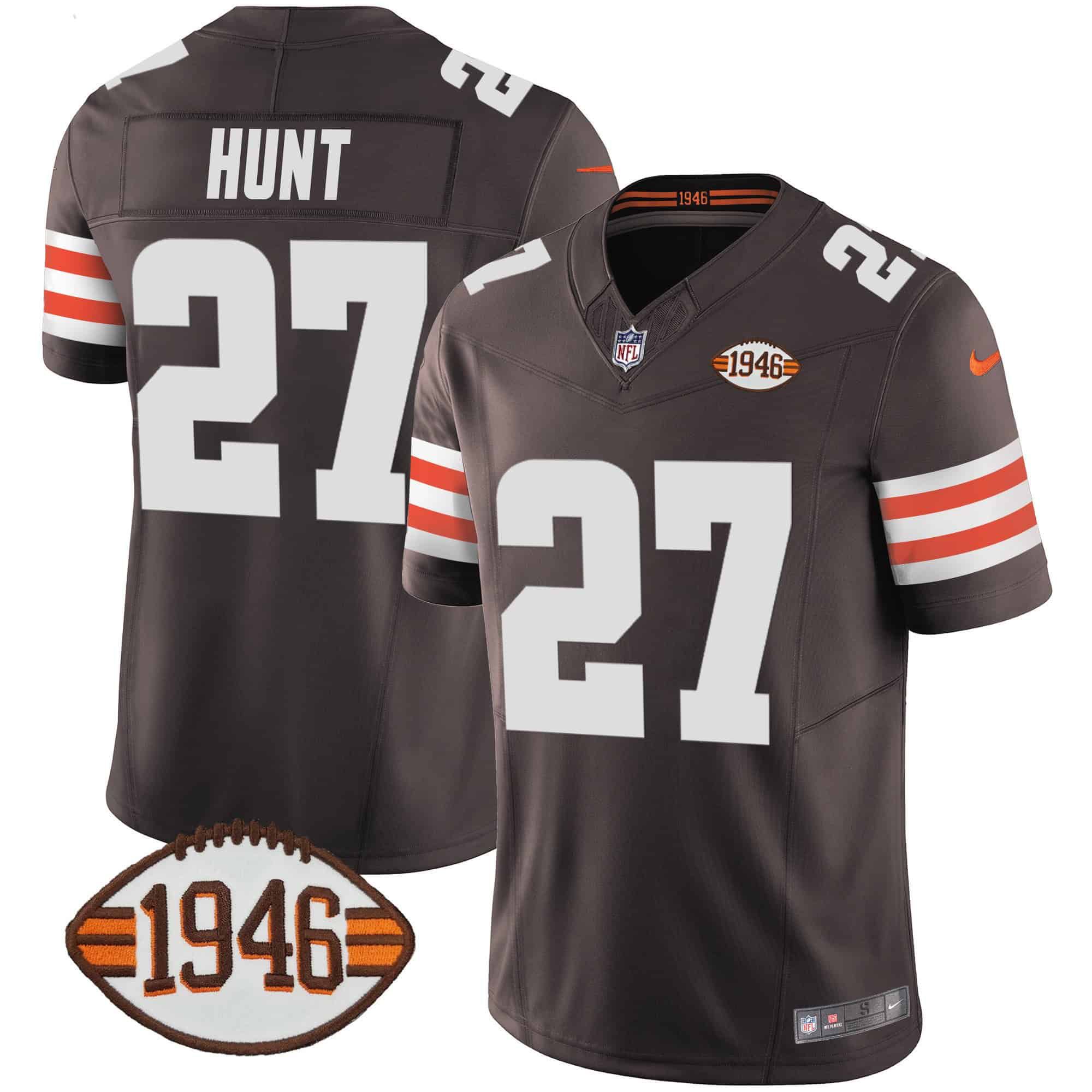 Men Cleveland Browns #27 Hunt Brown 1946 75th Anniversary Patch 2024 Nike NFL Jersey style 1